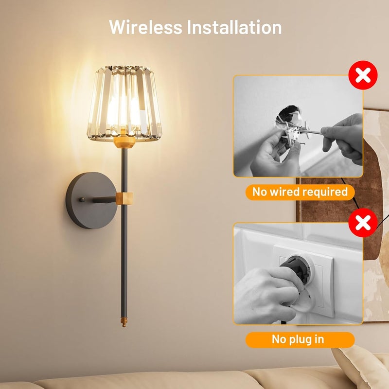 L.JUJAM Crystal Battery Operated Wall Sconces Set of 2, Black and Gold Rechargeable Wireless Wall Lights with Crystal Lampshade, 12 RGB and 3CCT Dimmable Wall Lamps with Remote for Bedroom Living Room Hallway - Image 2